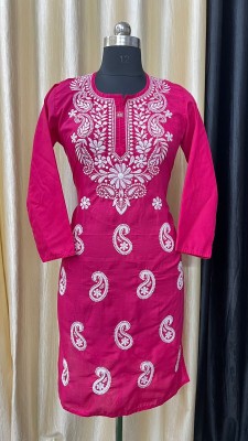 RicheST Haseena Chikankari Women Chikan Embroidery Straight Kurta(Pink, White)