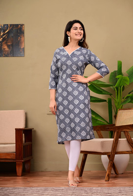 LattaGhaba Women Printed Straight Kurta(Grey)
