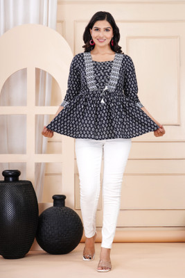 Sanganer Export Women Printed A-line Kurta(Black)