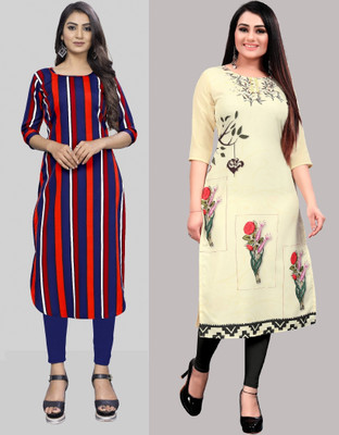 tanvi creation Women Floral Print Straight Kurta(Red, Beige)