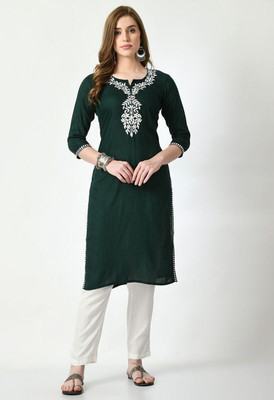 Rudraaksha Chikankari Women Embroidered Straight Kurta(Dark Green)