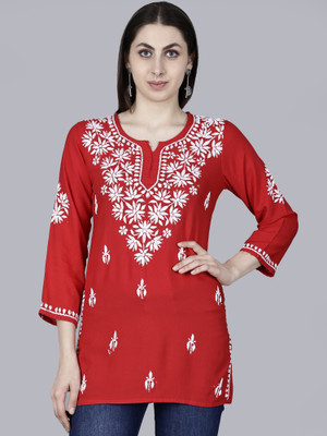 NAZAQAT ETHNIC INDIA Women Chikan Embroidery Straight Kurta(Red)