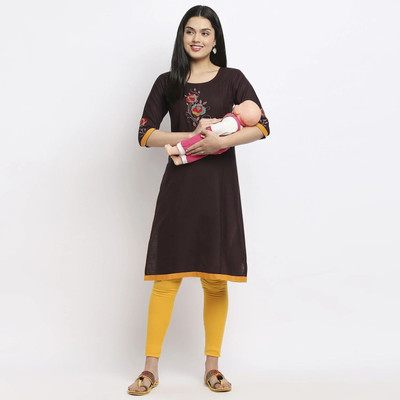 TRUE SHAPE Women Embroidered Straight Kurta(Brown)
