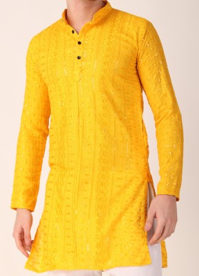 Plus91 Men Embroidered, Embellished Straight Kurta(Yellow)