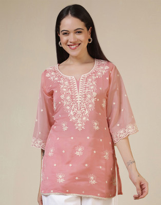 Uparna Women Embroidered Straight Kurta(Pink, White)
