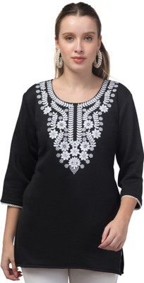 OsWorn Women Embroidered A-line Kurta(Black)