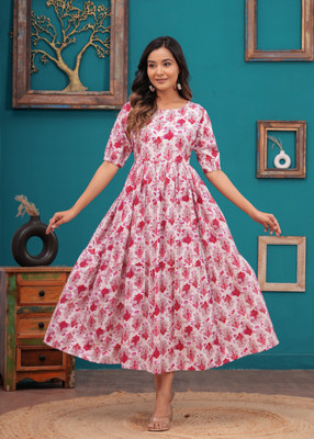 Malia Fashion Women Printed Anarkali Kurta(Pink)