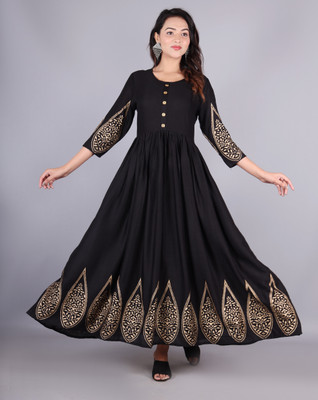 CHARVI CREATION Women Floral Print A-line Kurta(Black)