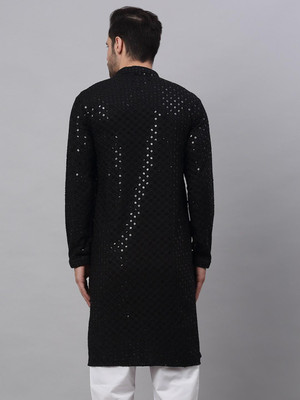 Alankrit Textiles Men Chikan Embroidery A-line Kurta(Black)
