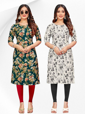 HouseOfCommon Women Printed Straight Kurta(Green, White)