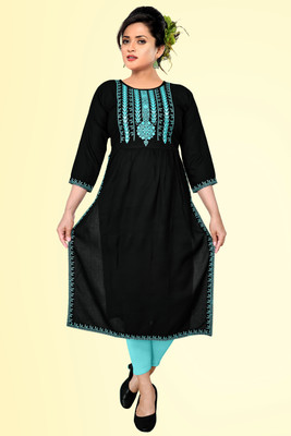 EAZY FASHION Women Embroidered Straight Kurta(Black)