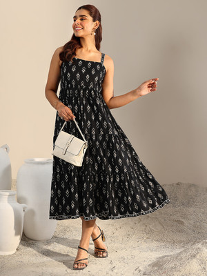 LIBAS Women Printed Flared Kurta(Black)
