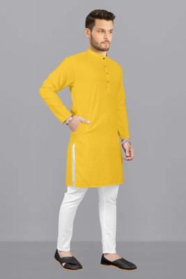 Yanshcreation Men Solid Straight Kurta(Yellow)
