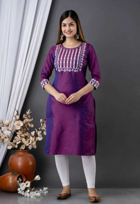 ALMADAD Women Embroidered A-line Kurta(Purple)