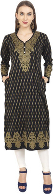 Rosary Women Printed Straight Kurta(Black)