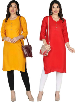 Adgoodstrader fashion Women Printed Straight Kurta(Yellow, Red)