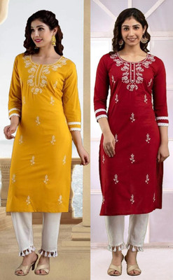HouseOfCommon Women Chikan Embroidery Straight Kurta(Maroon, Yellow)