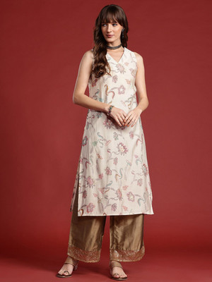 ANOUK Women Woven Design Straight Kurta(White)