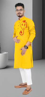 Mamta fab Men Printed Straight Kurta(Yellow)