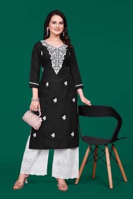 PATDOM Women Embroidered A-line Kurta(Black)