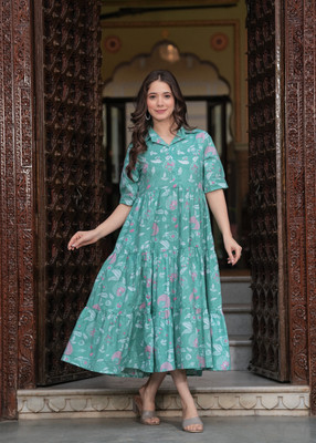 SIYAFABKURTI Women Fit and Flare Light Green Midi/Calf Length Dress