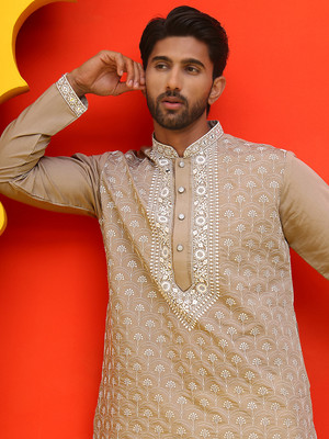 Jompers Men Embroidered Straight Kurta(Grey)
