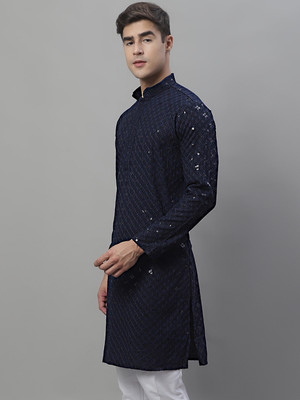 Jompers Men Embroidered Straight Kurta(Blue)