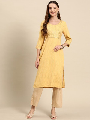 ANOUK Women Embroidered Straight Kurta(Yellow)