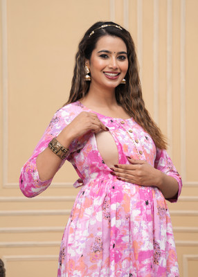 Madfury Women Printed Anarkali Kurta(Pink)