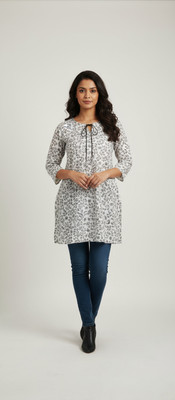 Akaihandloom Women Floral Print, Printed A-line Kurta(White)