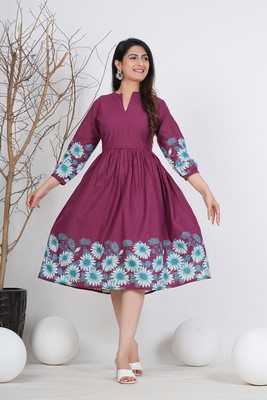 CLOTHI FAB Women Printed Flared Kurta(Purple)