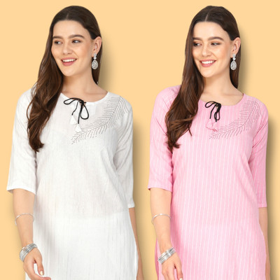 Fabricfetch Women Self Design Straight Kurta(Pink, White)