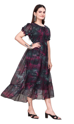 GROMint Women Fit and Flare Black Midi/Calf Length Dress