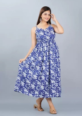 SAANWARI Women Printed Anarkali Kurta(Blue)