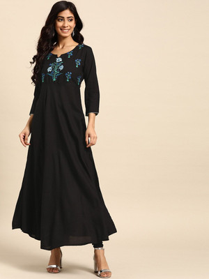all about you Women Embroidered Anarkali Kurta(Black)