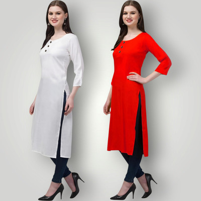 Coft Women Solid Straight Kurta(White, Red)