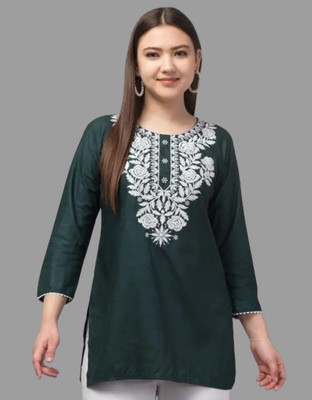 Trend Level Women Embroidered Straight Kurta(Dark Green, White)