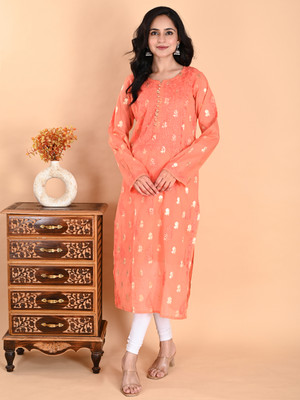 Nazaira Women Embroidered, Floral Print Straight Kurta(Orange)