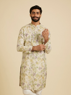 MANYAVAR Men Floral Print Straight Kurta(Green)