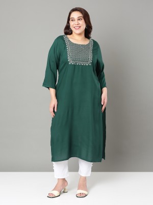 Sztori Women Embroidered A-line Kurta(Green)