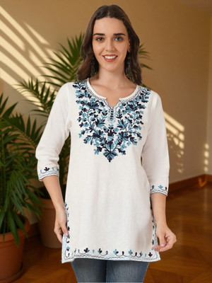 Miss Peach Women Embroidered A-line Kurta(White)