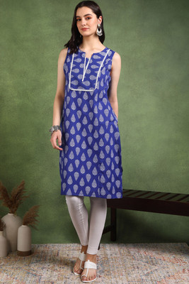 Yash Gallery Women Striped Straight Kurta(Blue)