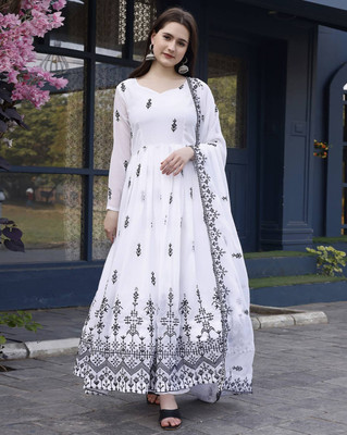 Janardan Women Embroidered Flared Kurta(White)