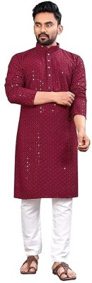 COZYCLOTH Men Chikan Embroidery Straight Kurta(Maroon)