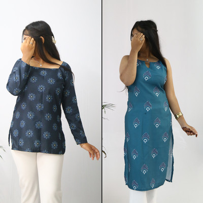 aanzri Women Printed, Geometric Print Straight Kurta(Dark Blue)