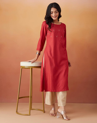 Fabindia Women Embellished A-line Kurta(Red)