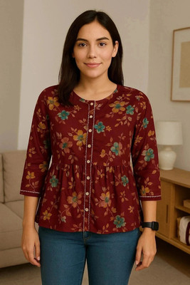 New RJP Craft Women Floral Print Flared Kurta(Maroon, Green)