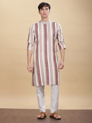 ANOUK Men Striped Straight Kurta(White)