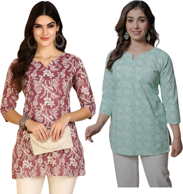 I N ENTERPRISES Women Floral Print Straight Kurta(Light Green, Brown)