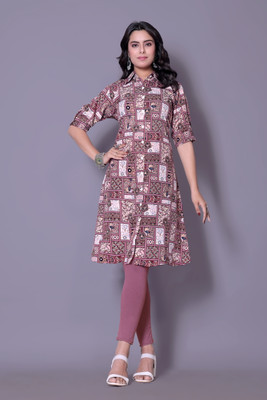 JustHer Women Geometric Print Frontslit Kurta(Pink)